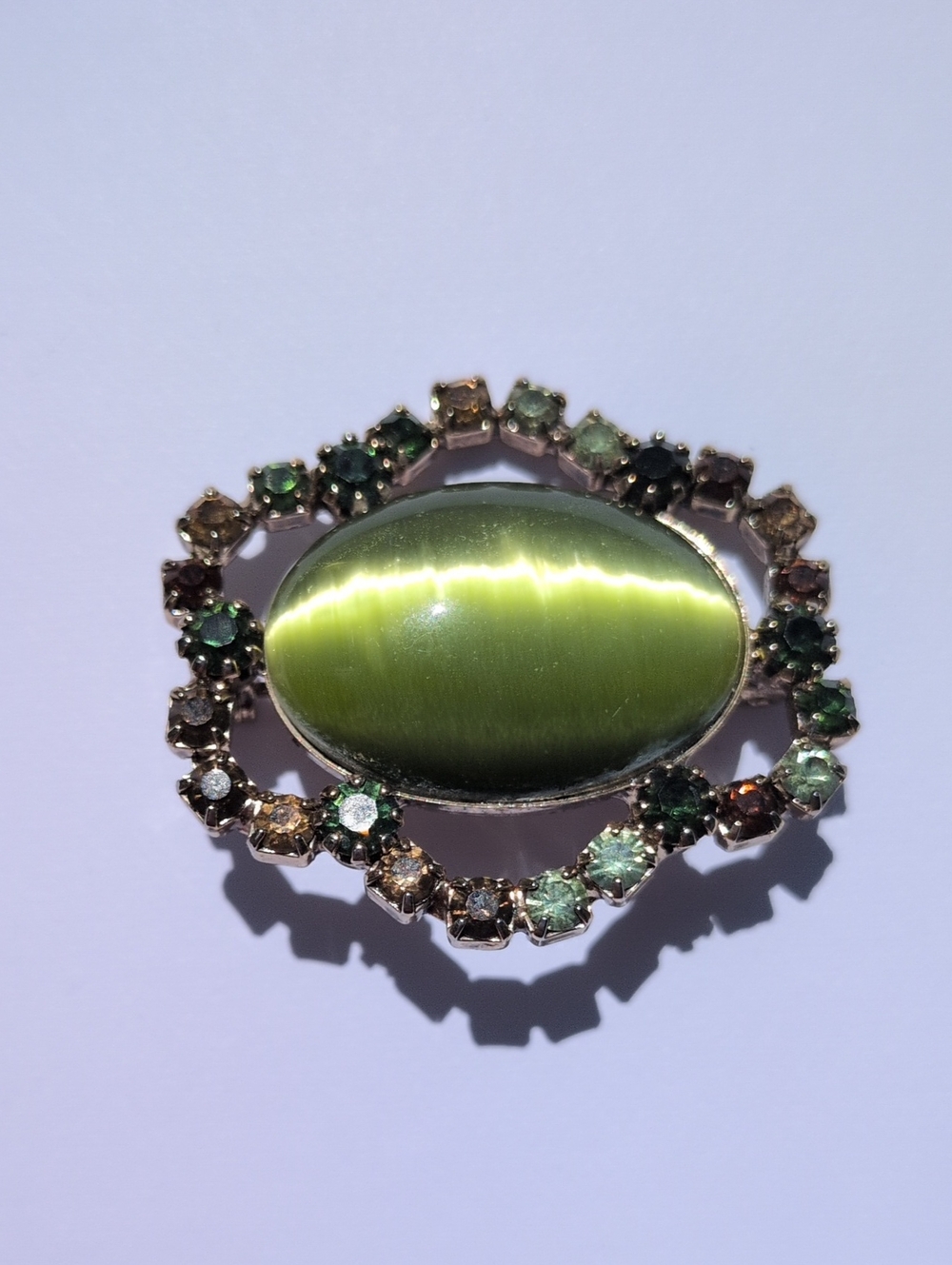 Green Cat's Eye & Rhinestone Halo Brooch Pin